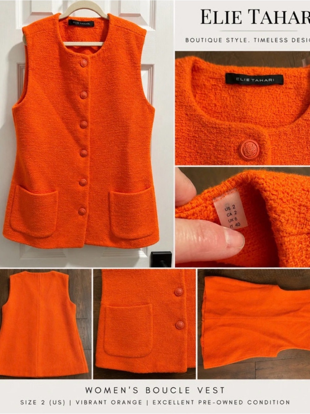 Elie Tahari Vibrant Orange Bouclé Vest
